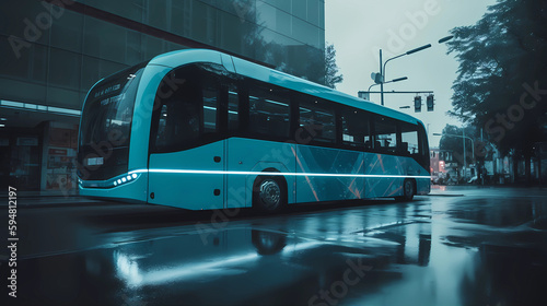 Future of urban autonomous mobility city bus. Public transport concept. Autonomous electric bus self driving on street in urban city. generative AI