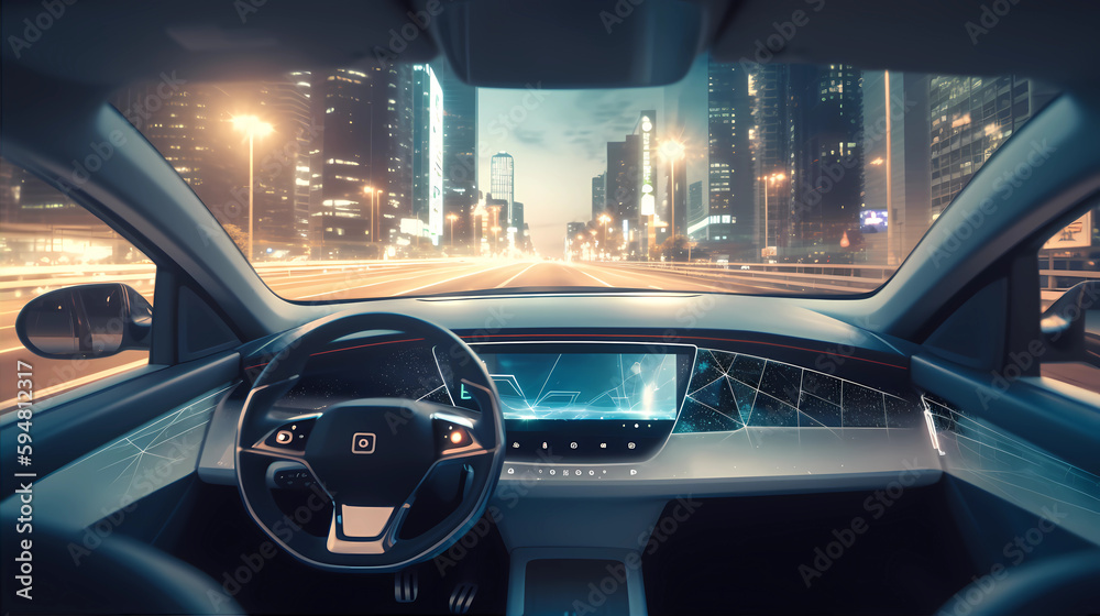 Self-driving autonomous car is driving on busy highway road in the city. Cockpit view. Concept of self driving mobility, machine learning, artificial intelligence and augmented reality. AI generated Self-driving autonomous car is driving on busy highway road in the city. Cockpit view. Concept of self driving mobility, machine learning, artificial intelligence and augmented reality. AI generated