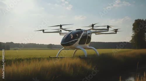Electric Air taxi drone, eVTOL flying high over a rural region at sunset. Rural Air Mobility, concept of future transportation in the country. Generative AI.
