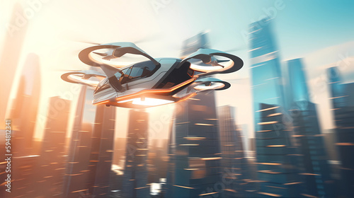 Electric Air taxi drone, eVTOL flying high over a city at sunset. Urban Air Mobility, concept of future transportation. Generative AI.