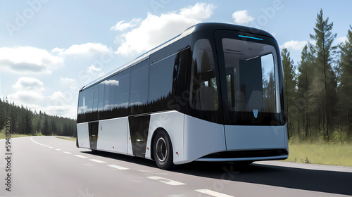 Future of rural autonomous mobility bus. Public transport across the countryside. Autonomous electric bus self driving concept on rural street. generative AI