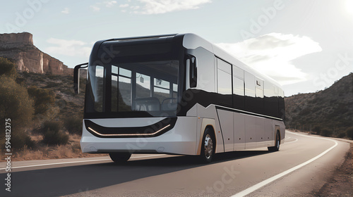 Future of rural autonomous mobility bus. Public transport across the countryside. Autonomous electric bus self driving concept on rural street. generative AI