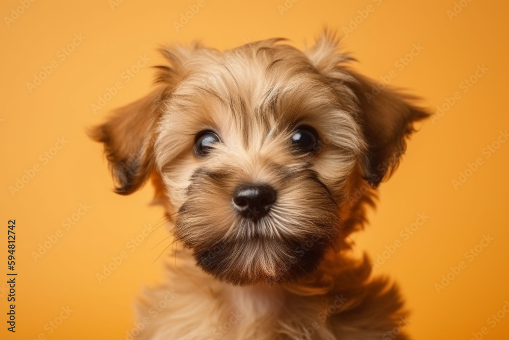 Cute dog puppy studio photography isolated on yellow background. Animal and pet portrait. Ai generated