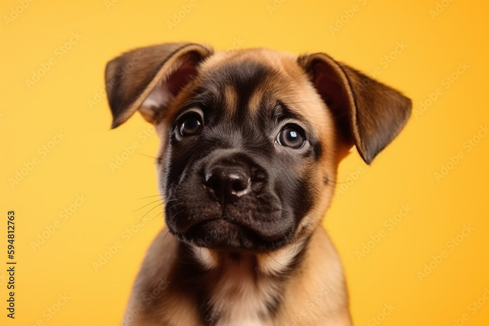 Cute dog puppy studio photography isolated on yellow background. Animal and pet portrait. Ai generated