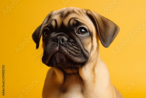 Cute dog puppy studio photography isolated on yellow background. Animal and pet portrait. Ai generated