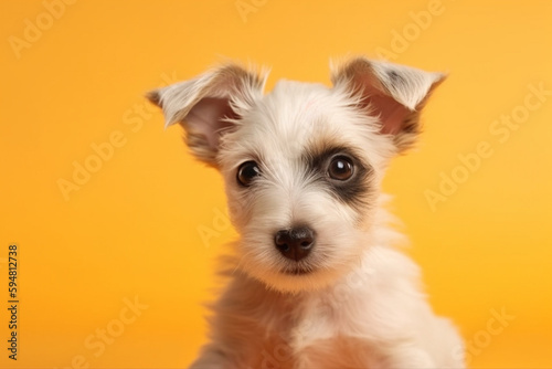 Cute dog puppy studio photography isolated on yellow background. Animal and pet portrait. Ai generated