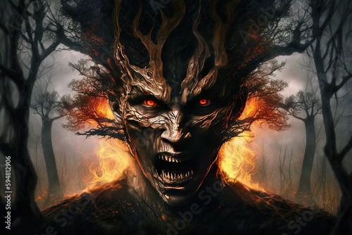a demonic looking man with red eyes in a forest Generative AI