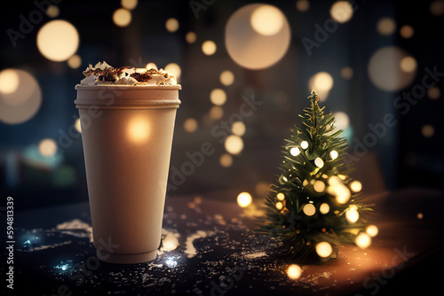A coffee cup sits on a table, while a tiny Christmas tree adds a festive touch to the background, a cozy scene perfect for the holiday season, Twinkling fairy lights, generative ai