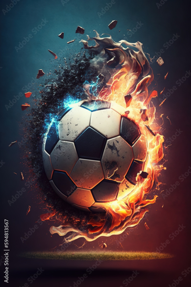 Fototapeta premium Generative AI. Soccer ball. Soccer background with fire sparks in action