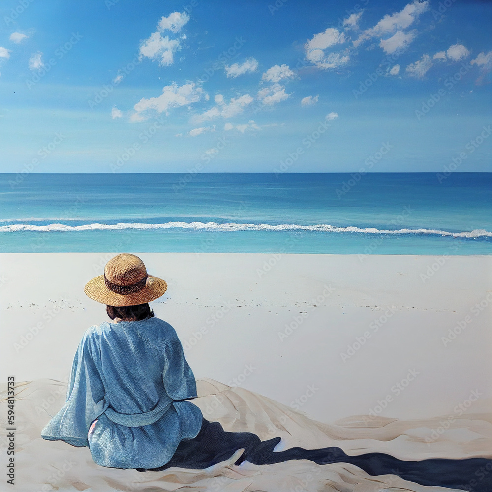 Woman wearing white hat and dress on the white sand beach, turquoise carribean sea, summer vacation illustration, happy lifestyle, blue ocean coastline, generative ai