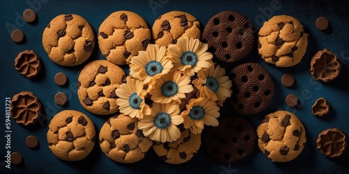 Foto Top-down view of a towering stack of chocolate chip cookies Generative AI