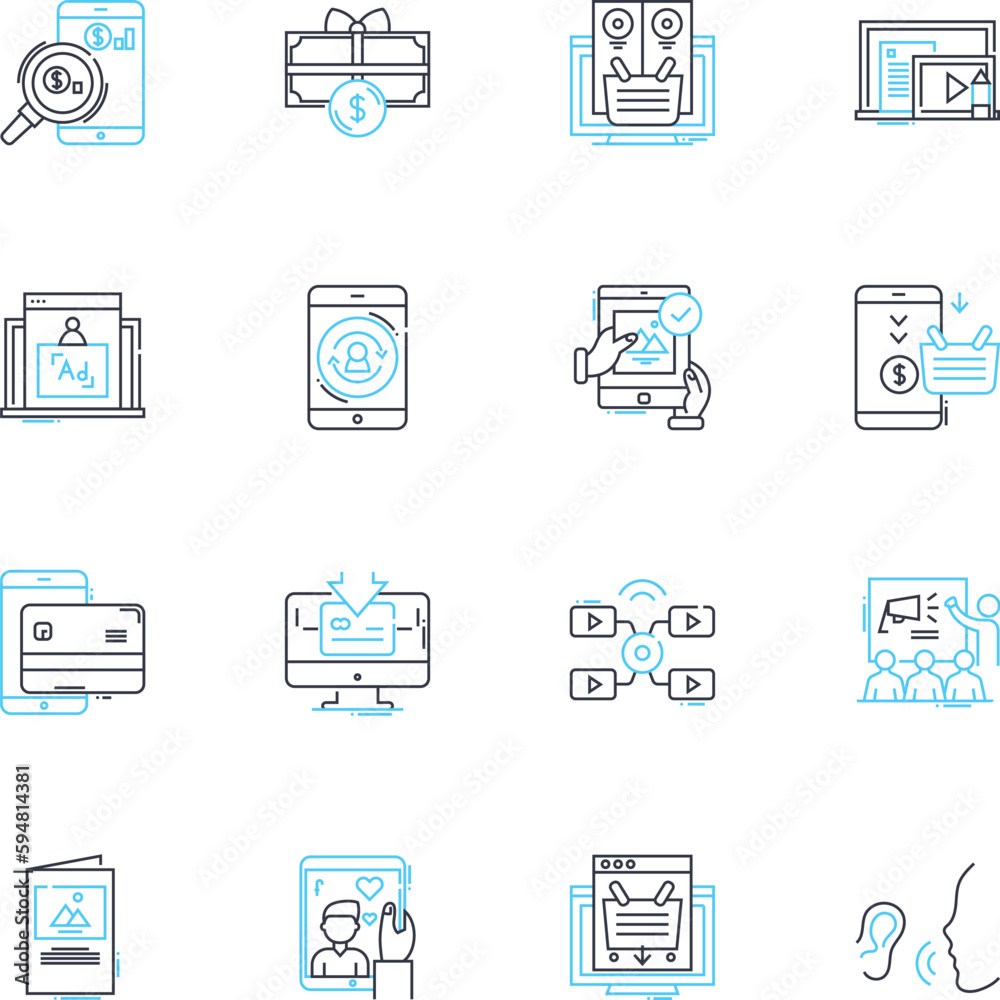Affiliate promo linear icons set. Referral, Commission, Partnership, Marketing, Product, Sales, Referral links line vector and concept signs. Commission rates,Publishers,Affiliate nerk outline