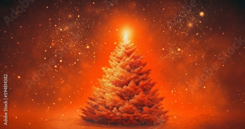 Christmas tree on red background, xmas with sparkles. Generative AI  © Diatomic