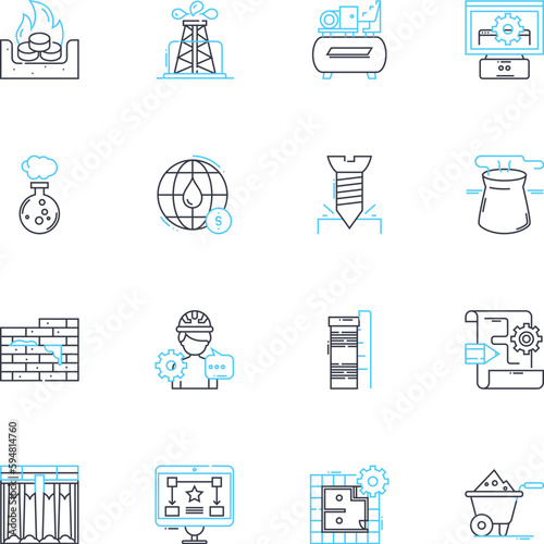 Chemical engineering linear icons set. Reactor, Catalyst, Polymer, Distillation, Synthesis, ion, Crystallization line vector and concept signs. Kinetics,Thermodynamics,Rheology outline illustrations