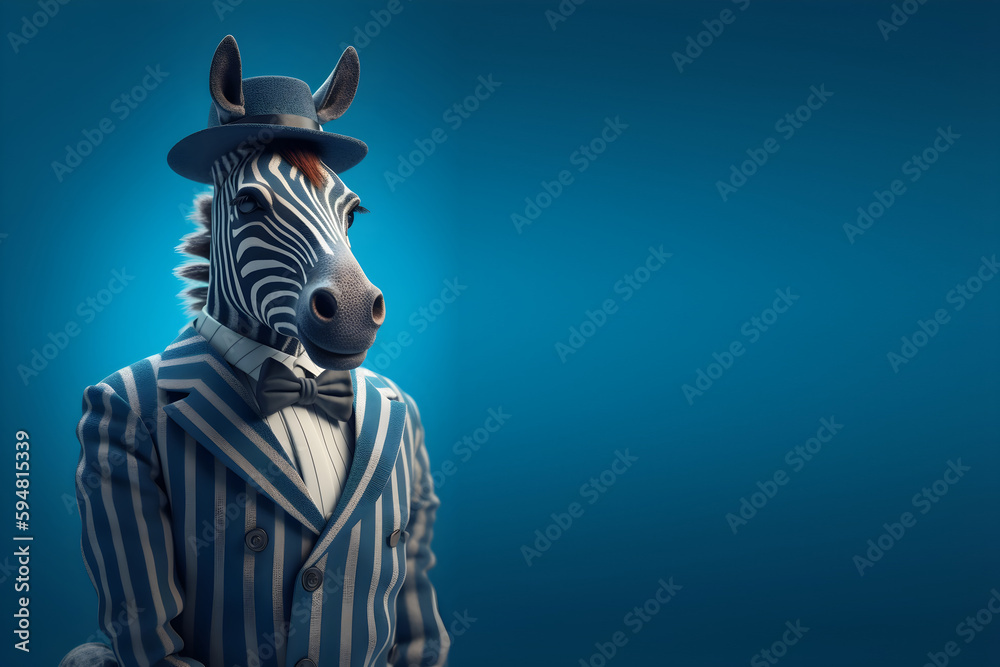 aanthropomorphism zebra in a stylish blue striped business suit on blue background, an animal entrepreneur, business concept. copy space. generative ai aanthropomorphism zebra in a stylish blue striped business suit on blue background, an animal entrepreneur, business concept. copy space. generative ai
