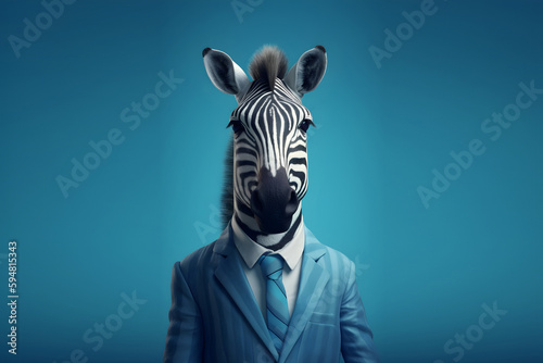aanthropomorphism zebra in a stylish blue striped  business suit on blue background  an animal entrepreneur  business concept. copy space. generative ai