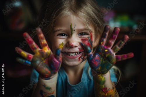 Heartwarming close-up portrait of a child laughing and holding their colorfully painted hands in front of the camera, highlights the child's joyful expression. Created with generative A.I. technology.