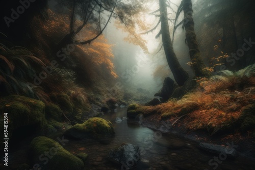 Stunning image of a misty autumn forest with small creek and mossy stones, featuring a moody and dramatic style and captures the beauty of the mystery forest. Created with generative A.I. technology.