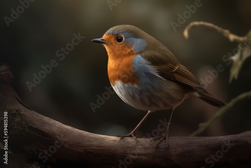 Stunning close-up of a robin perched on a branch, with a blurred garden in the background. Captures details of the bird's feathers and texture of the branch. Created with generative A.I. technology. © ahoi!