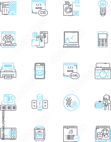 Apparatus linear icons set. Gadget, Equipment, Machine, Device, Tool, Contraption, Implement line vector and concept signs. Instrument,Appliance,Mechanism outline illustrations