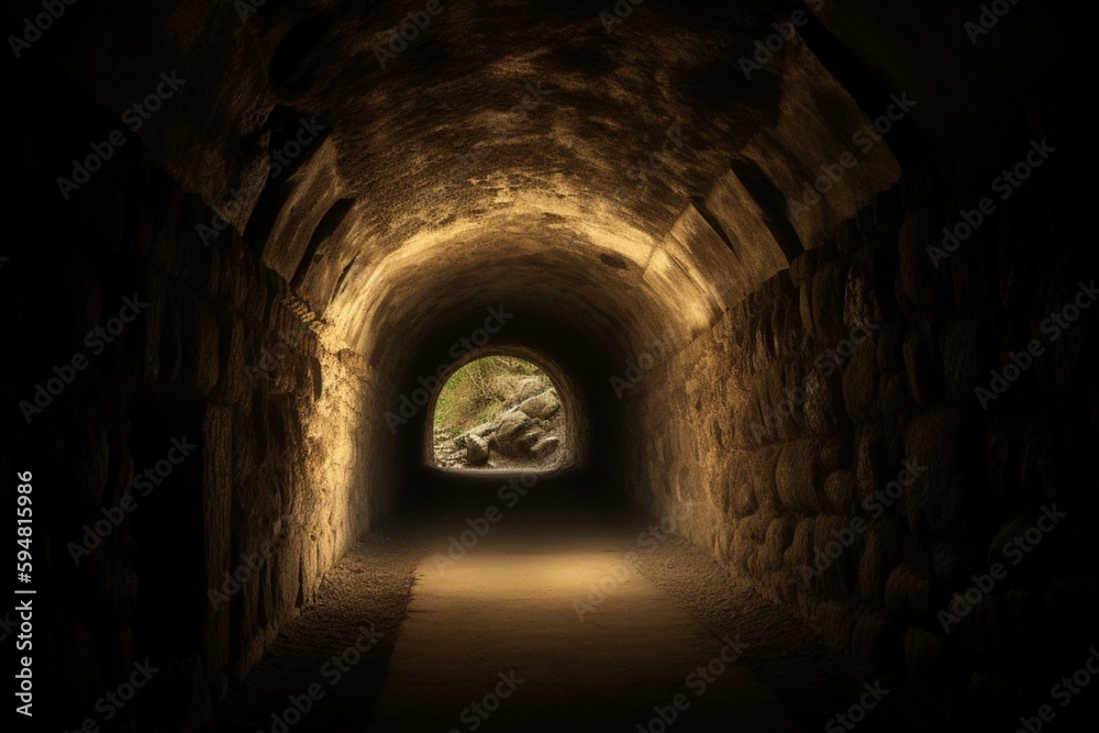 Tunnel made of ancient stone leading to another dimension; it was probably built as part of a palace. Structural stone arches illuminated by mystical firelight; inscriptions on stone.. Generative AI