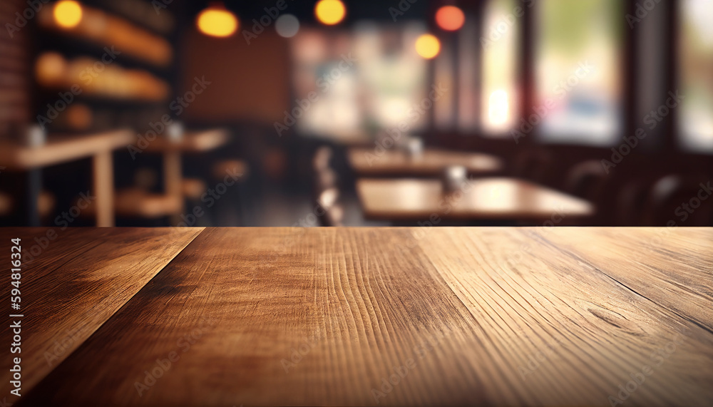 Empty wooden table with blurred background, planks against a blurry background, Generative AI