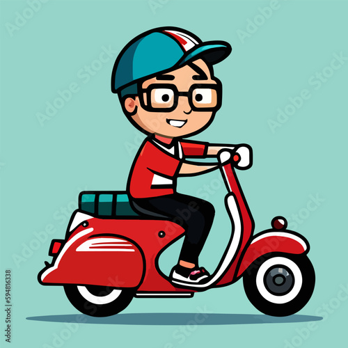 A man is riding a motorcycle, flat cartoon design, premium and simple vector art