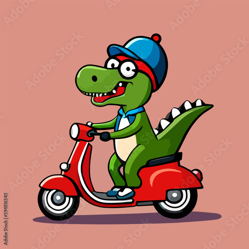 Dino is happily riding a motorcycle  flat cartoon design  premium and simple vector art