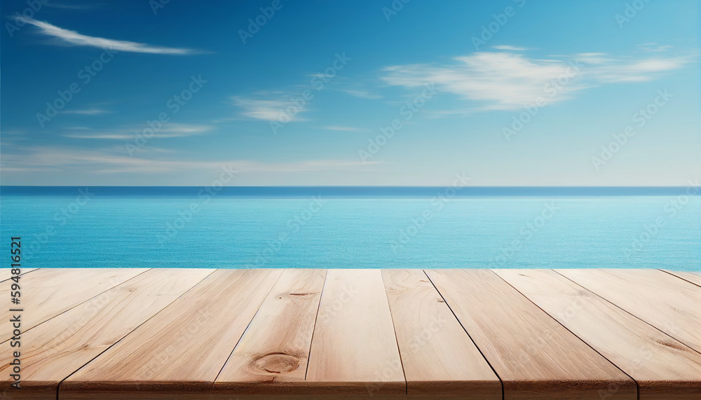 A wooden board table with an empty spot is in front of a blue sky background, Generative AI A wooden board table with an empty spot is in front of a blue sky background, Generative AI
