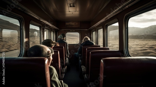 Train journey, interior of a train. People looking through the window, travel concept. Generative AI © David