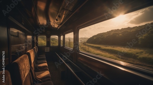 Train journey, interior of a train, travel concept. Generative AI © David