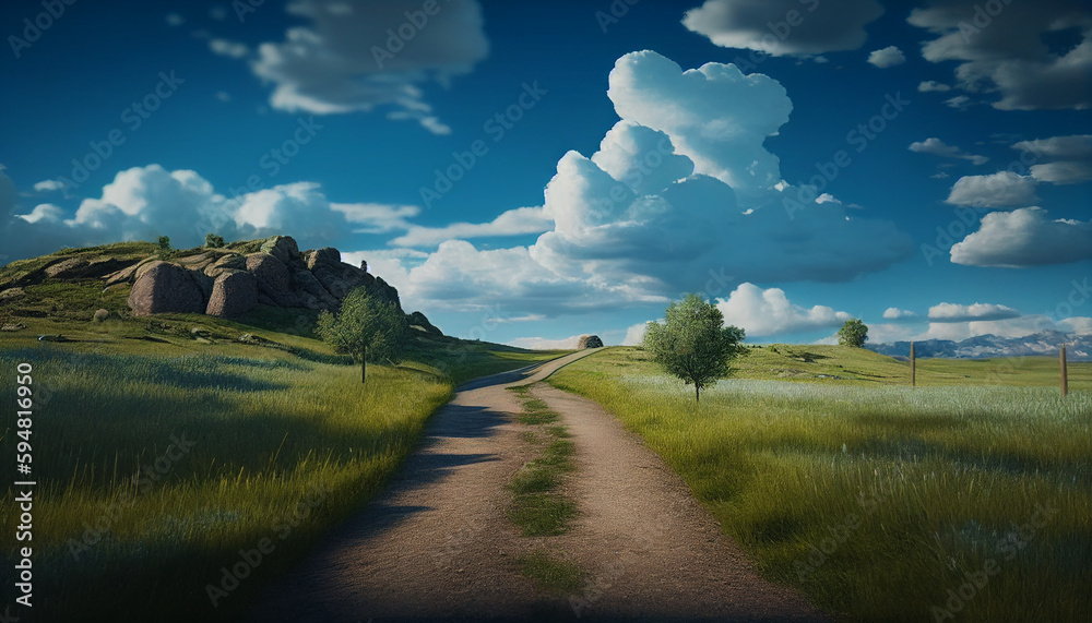 Road climbing uphill through green grass, with clouds and blue sky overhead, Generative AI