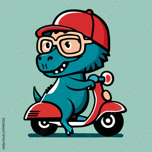 Dino is happily riding a motorcycle, flat cartoon design, premium and simple vector art