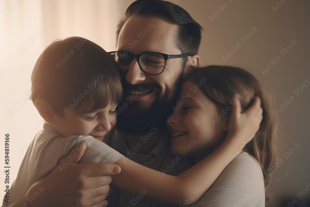 Happy dad getting hugs from his two children for father's day celebration. Generative AI - obrazy, fototapety, plakaty 