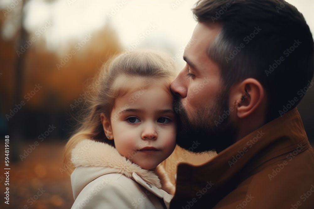 Father kissing his little daughter in the park. Father's day concept. Close up, focus on foreground. Generative AI