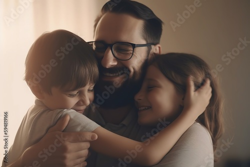 Fototapeta Happy dad getting hugs from his two children for father's day celebration