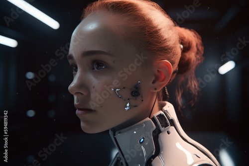 Futuristic female android with cybord technology created with generative AI technology. photo