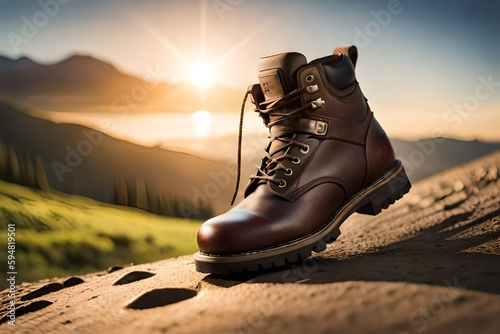 Hiking boots in a rustic setting. Created with generative Ai technology.