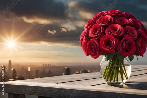 Red roses in a vase on the table. Created with generative Ai technology.