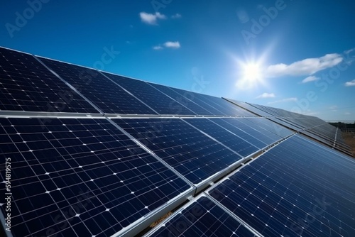 Blue sky and solar panels. System of solar panels that generate electricity from the sun. New, environmentally friendly technologies promise a brighter future. Generative AI