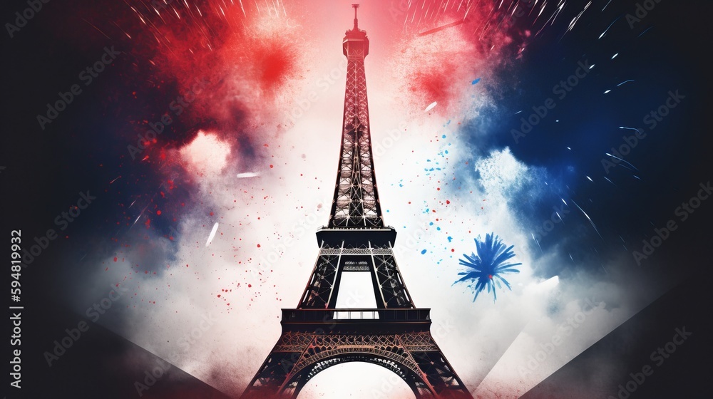 Eiffel Tower with fireworks in the colors of the French flag at night. Bastille Day. Iconic landmark of Paris. Generative AI