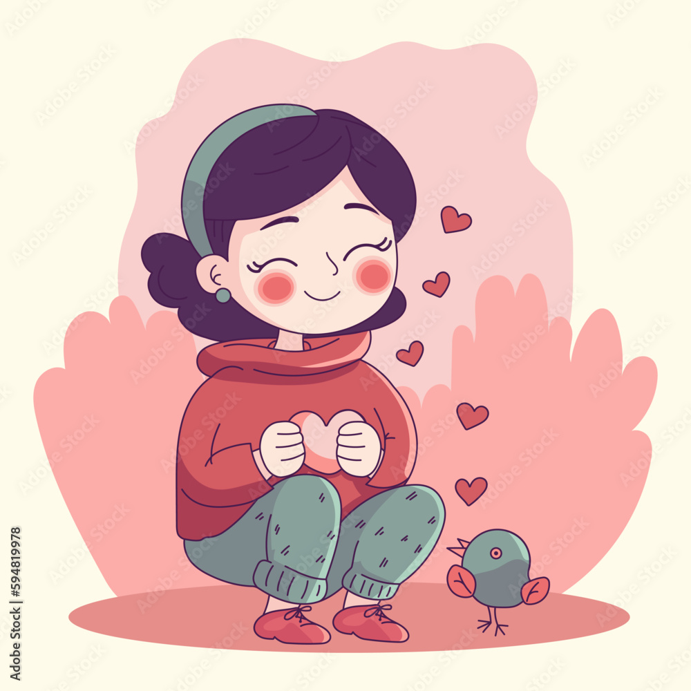 Love yourself. Love world. Girl with bird. Self love concept. Active lifestyle illustration Love yourself. Love world. Girl with bird. Self love concept. Active lifestyle illustration
