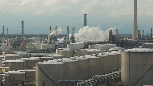 Aerial view of the port of Rotterdam, with smoking chimneys and large oil and petrol tanks