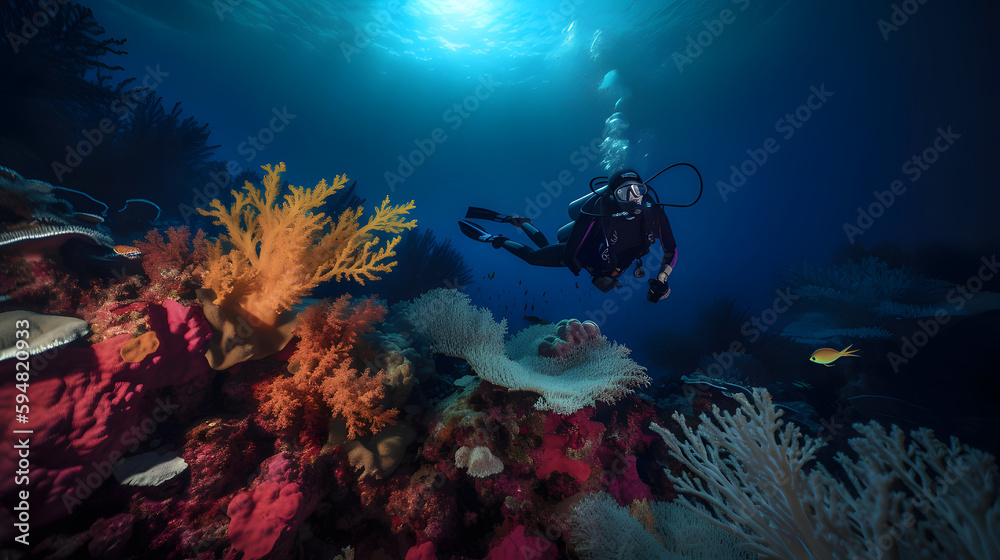 Diver exploring a vibrant coral reef underwater with the sun above and clear blue water, Generative AI