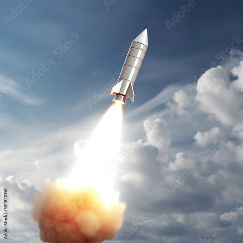 rocket taking off representing sales success. Vector flying Space Rocket