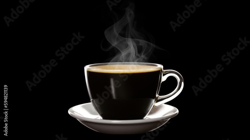 A cup of coffee containing steamy steam on a black background. Generative AI.