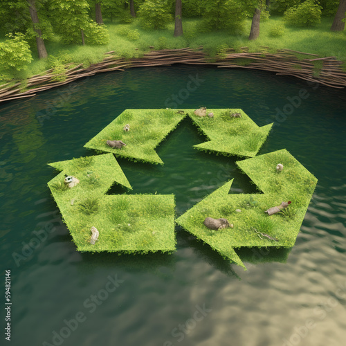 Abstract icon representing the ecological call to recycle and reuse in the form of a pond with a recycling symbol in the middle of a beautiful untouched jungle