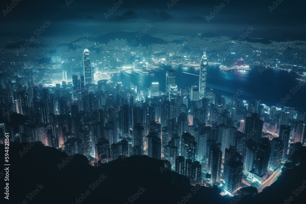 Fototapeta premium blue illuminated filter image of city urban night light, Hong Kong skyline infrastructure building in downtown cityscape, aerial landscape view. Generative AI