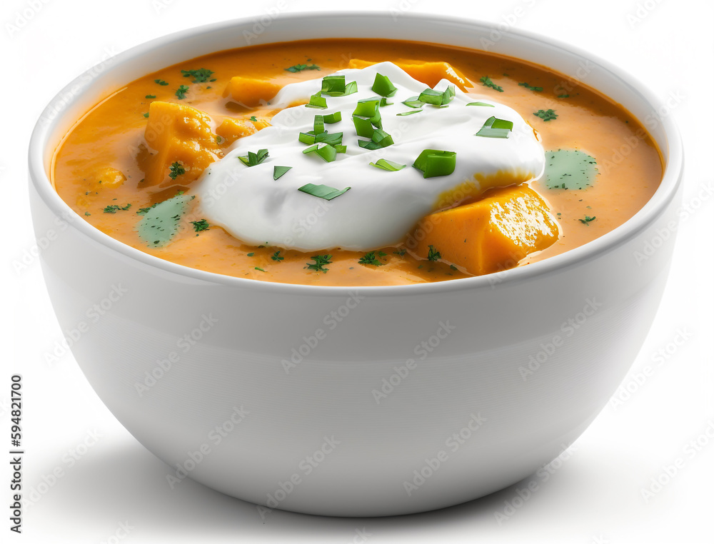 A bowl of sweet potato soup with chives on top. A bowl of sweet potato soup with chives on top.