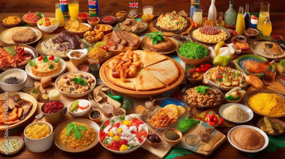 Food from many countries, parts of the world, representing diverse cuisines and cultures. Map world food. Generative AI Food from many countries, parts of the world, representing diverse cuisines and cultures. Map world food. Generative AI